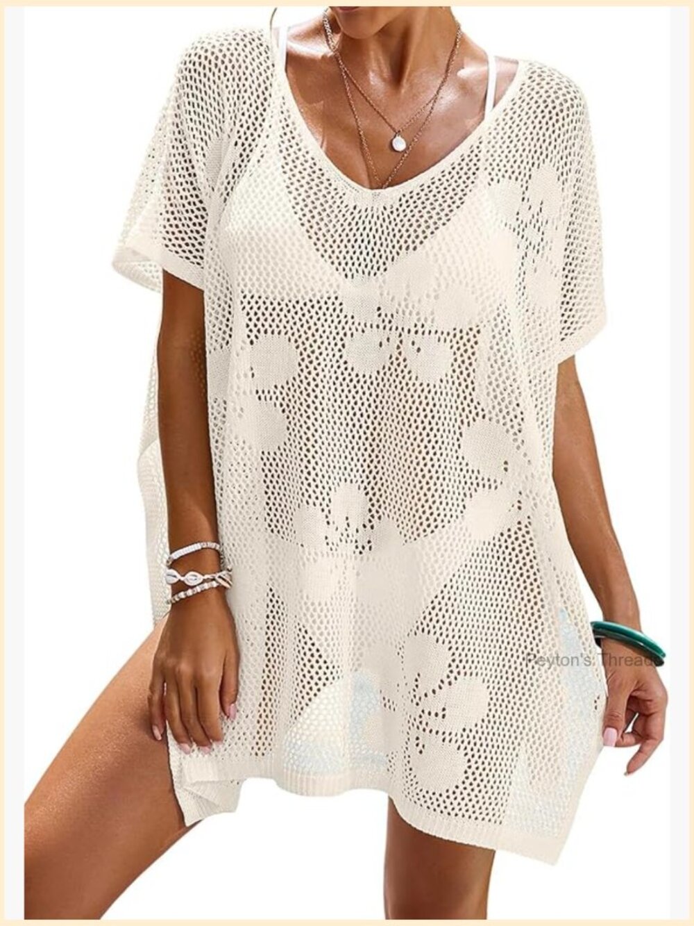 Oversized Crochet Beach Cover Up Mini Dress Cap Sleeve Swimsuit Cover Up - Picture 1 of 7